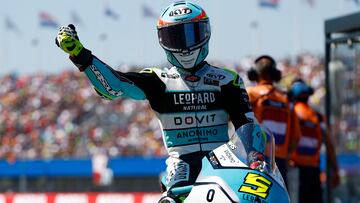 MotoGP - TT Assen Grand Prix - TT Circuit Assen, Assen, Netherlands - June 25, 2023 Leopard Racing's Jaume Masia celebrates after winning the Moto3 race REUTERS/Piroschka Van De Wouw