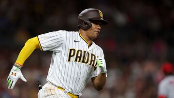 SAN DIEGO, CALIFORNIA - SEPTEMBER 20: Juan Soto #22 of the San Diego Padres runs to first base during a game against the St. Louis Cardinals at PETCO Park on September 20, 2022 in San Diego, California.   Sean M. Haffey/Getty Images/AFP