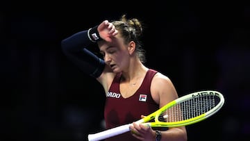 Tennis - WTA Finals - King Saud University Indoor Arena, Riyadh, Saudi Arabia - November 7, 2024 Czech Republic's Barbora Krejcikova reacts during her women's singles group stage match against Coco Gauff of the U.S. REUTERS/Aleksandra Szmigiel