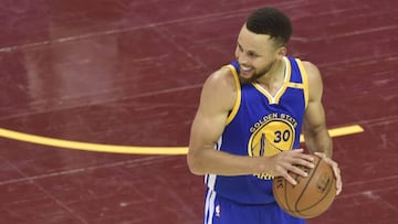 Jun 7, 2017; Cleveland, OH, USA; Golden State Warriors guard Stephen Curry (30) smiles during the fourth quarter against the Cleveland Cavaliers in game three of the 2017 NBA Finals at Quicken Loans Arena. Mandatory Credit: David Richard-USA TODAY Sports