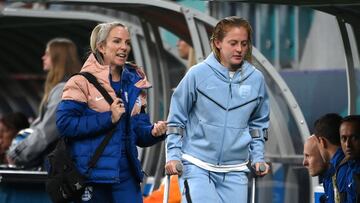 England's midfielder #04 Keira Walsh (R) walks with crutches after an injury during the Australia and New Zealand 2023 Women's World Cup Group D football match between England and Denmark at Sydney Football Stadium in Sydney on July 28, 2023. (Photo by FRANCK FIFE / AFP)