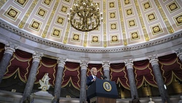 President Joe Biden delivers remarks on the one year anniversary of the January 6 attack on the Capitol, during a ceremony in Statuary Hall on January 6, 2022 in Washington, DC.