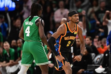 Shai Gilgeous-Alexander #2 of the Oklahoma City Thunder flexes 