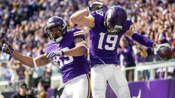 Oct 9, 2016; Minneapolis, MN, USA; Minnesota Vikings wide receiver Adam Thielen (19) celebrates his touchdown with tight end MyCole Pruitt (83) during the first quarter against the Houston Texans at U.S. Bank Stadium. Mandatory Credit: Brace Hemmelgarn-USA TODAY Sports