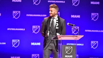 MIAMI, FL - JANUARY 29: David Beckham addresses the crowd during the press conference announcing an MLS franchise in Miami at the Knight Concert Hall on January 29, 2018 in Miami, Florida. Eric Espada/Getty Images/AFP
== FOR NEWSPAPERS, INTERNET, TELCO