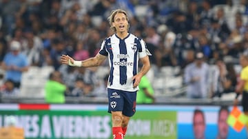 Monterrey's Spanish midfielder #10 Sergio Canales celebrates scoring his team's first goal during the Liga MX Clausura tournament football match between Monterrey and Leon at BBVA Stadium in Monterrey, Mexico on February 14, 2026. (Photo by Julio Cesar AGUILAR / AFP)