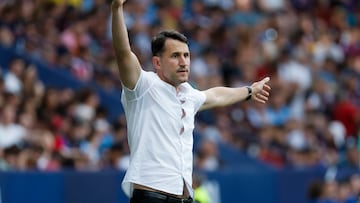 VALENCIA, 01/06/2025.-El entrenador del Eibar Beñat San José, durante el partido correspondiente a la última jornada de la Liga Hypermotion que disputan Levante y Eibar este domingo en el estadio Ciutat de Valencia.- EFE/ Ana Escobar