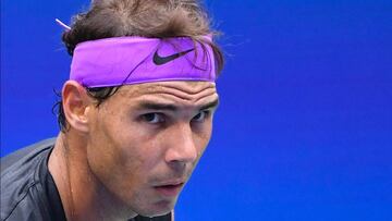 Sept 8, 2019; Flushing, NY, USA; Sweat drips from the chin of Rafael Nadal of Spain as he prepares to serve to Daniil Medvedev of Russia in the menâ??s final match on day fourteen of the 2019 U.S. Open tennis tournament at USTA Billie Jean King National Tennis Center. Mandatory Credit: Robert Deutsch-USA TODAY Sports