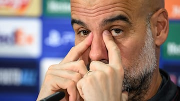 Pep Guardiola, entrenador del Manchester City, durante la rueda de prensa previa al partido ante el Young Boys.