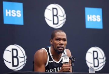 Kevin Durant #7 of the Brooklyn Nets speaks to media during Brooklyn Nets Media Day at HSS Training Center on September 27, 2019