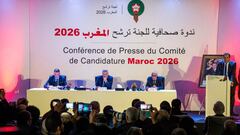 Fouzi Lekjaa (L), President of the Royal Moroccan Football Federation (FRMF), Moulay Hafid Elalamy (C), chairman of the Moroccan Committee bidding for the 2026 World Cup, and Moroccan Youth and Sport Minister Rachid Talbi Alami (2nd-R) give a press confer