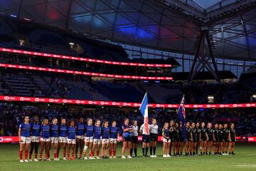 The teams sing the national anthem during the 2023 Sydney Sevens