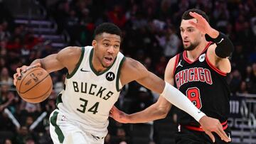 Milwaukee Bucks forward Giannis Antetokounmpo (34) drives to the basket against Chicago Bulls guard Zach LaVine (8) in the fourth quarter at Fiserv Forum.