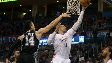 Mar 9, 2017; Oklahoma City, OK, USA; Oklahoma City Thunder guard Russell Westbrook (0) shoots the ball in front of San Antonio Spurs guard Danny Green (14) during the second quarter at Chesapeake Energy Arena. Mandatory Credit: Mark D. Smith-USA TODAY Sports