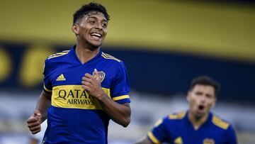 BUENOS AIRES, ARGENTINA - APRIL 17: Cristian Medina of Boca Juniors celebrates after scoring the first goal of his team during a match between Boca Juniors and Atletico Tucuman as part of Copa de la Liga Profesional 2021 at Estadio Alberto J. Armando on April 17, 2021 in Buenos Aires, Argentina. (Photo by Marcelo Endelli/Getty Images)