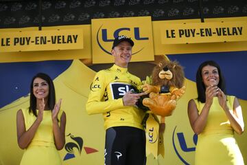 Chris Froome celebrando con el maillot amarillo que le otorga como líder de la general. 