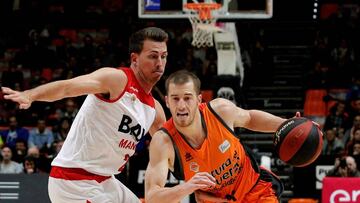 GRAF6293. VALENCIA (ESPAÑA), 10/11/2018.- El jugador del Valencia Basket, Matt Thomas, trata de vencer la oposición del del Baxi Manresa, Ryan Toolson, durante el partido de la Liga Endesa que están disputando esta tarde en el pabellón Fuente San Luis. EFE/Kai Försterling