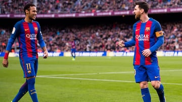 BARCELONA, SPAIN - FEBRUARY 04:  Lionel Messi (R) of FC Barcelona celebrates with his teammate Neymar Santos Jr after scoring his team&#039;s second goal during the La Liga match between FC Barcelona and Athletic Club at Camp Nou  stadium on February 4, 2