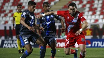 Futbol, Curico Unido vs Universidad Catolica.
Decimoquinta fecha, campeonato Nacional 2020.
El jugador de Curico Unido Jose Rojas, derecha, disputa el balon con Gaston Lezcano de Universidad Catolica durante el partido de primera division realizado en el estadio La Granja de Curico, Chile.
15/10/2020
Andres Pina/Photosport
Football, Curico Unido vs Universidad Catolica.
15th date, 2020 National Championship.
Curico Unido's player Jose Rojas, right, battles for the ball against Gaston Lezcano of Universidad Catolica during the first division match held at the La Granja stadium in Curico, Chile.
15/10/2020
Andres Pina/Photosport