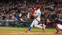 Philadelphia Phillies&#039; Bryce Harper hits an RBI-single in which he reached second on the throw, during the sixth inning of a baseball game against the Washington Nationals at Nationals Park, Tuesday, April 2, 2019, in Washington. (AP Photo/Alex Brandon)