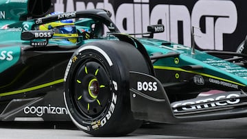 Aston Martin's Spanish driver Fernando Alonso steers his car during the third practice session ahead of the Formula One Azerbaijan Grand Prix at the Baku City Circuit in Baku on September 14, 2024. (Photo by Andrej ISAKOVIC / AFP)