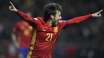 David Silva celebrates his and Spain&#039;s first goal against Israel.
