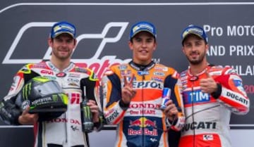 Marc Márquez consigue la primera posición y le siguen Cal Crutchlow y Andrea Dovizioso.