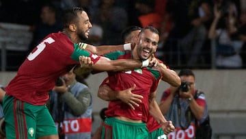 Un jugador de Marruecos festejando un gol en Costa de Marfil, durante un partido rumbo a Rusia.