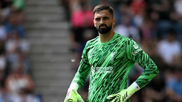 Liverpool's Georgian goalkeeper #55 Giorgi Mamardashvili looks on during the pre-season friendly football match between Preston North End and Liverpool at Deepdale stadium in Preston, north-west England on July 13, 2025. Liverpool are to retire Diogo Jota's number 20 shirt in honour of the Portugal forward who was killed in a car crash this month. The club return to action for the first time since the July 3 tragedy at English Championship side Preston today. (Photo by Oli SCARFF / AFP) / RESTRICTED TO EDITORIAL USE. No use with unauthorized audio, video, data, fixture lists, club/league logos or 'live' services. Online in-match use limited to 120 images. An additional 40 images may be used in extra time. No video emulation. Social media in-match use limited to 120 images. An additional 40 images may be used in extra time. No use in betting publications, games or single club/league/player publications. /
