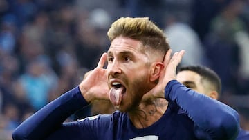 Soccer Football - Coupe de France - Round of 16 - Olympique de Marseille v Paris St Germain - Orange Velodrome, Marseille, France - February 8, 2023  Paris St Germain's Sergio Ramos celebrates scoring their first goal REUTERS/Eric Gaillard