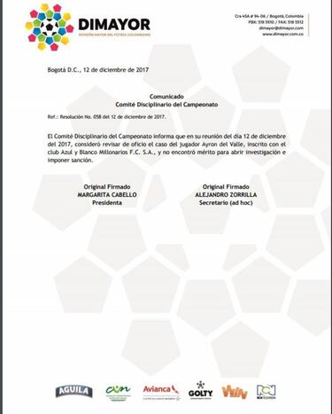 Dimayor no sanciona a Ayron del Valle y estará en la final