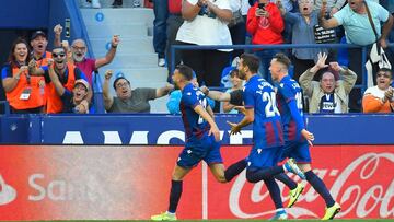 Levante's Spanish forward Borja Mayoral (L) celebrates his team's second goal during the Spanish League football match between Levante UD and FC Barcelona at the Ciutat de Valencia stadium in Valencia, on November 2, 2019. (Photo by JOSE JORDAN