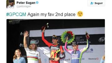 Peter Sagan ironiz&oacute; en Twitter con su segunda posici&oacute;n en el Gran Premio de Montreal.