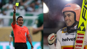 Áribtro sacando la tarjeta amarilla y un esquiador de saltos