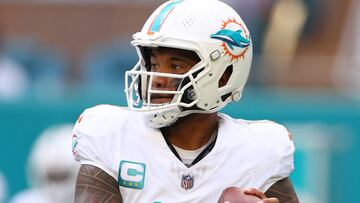 MIAMI GARDENS, FLORIDA - SEPTEMBER 08: Tua Tagovailoa #1 of the Miami Dolphins attempts a pass during the first quarter against the Jacksonville Jaguars at Hard Rock Stadium on September 08, 2024 in Miami Gardens, Florida. Megan Briggs/Getty Images/AFP (Photo by Megan Briggs / GETTY IMAGES NORTH AMERICA / Getty Images via AFP)
