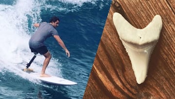 El surfista Chris Blowes, con una pierna amputada, surfeando en Maldivas unos a&ntilde;os atr&aacute;s, mientras a la derecha se puede ver el diente del tibur&oacute;n blanco que le atac&oacute; en South Australia en 2015. 