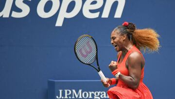 Sep 9 2020; Flushing Meadows, New York,USA; Serena Williams of the United States reacts after winning a point against Tsvetana Pironkova of Bulgaria (not pictured) in a women's singles quarter-finals match on day nine of the 2020 U.S. Open tennis tournament at USTA Billie Jean King National Tennis Center. Mandatory Credit: Danielle Parhizkaran-USA TODAY Sports