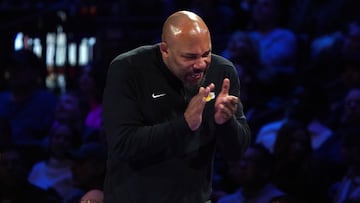 Dec 9, 2023; Las Vegas, Nevada, USA; Los Angeles Lakers head coach Darvin Ham reacts in the second quarter of the in season tournament championship final against the Indiana Pacers at T-Mobile Arena. Mandatory Credit: Kyle Terada-USA TODAY Sports