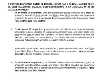 Los cuatro insultos que LaLiga recoge y denuncia ante Competici&oacute;n y Antiviolencia, con respecto al Mallorca - Real Madrid.