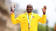 Gold Medalist Victor Kiplangat of Team Uganda celebrates after winning the men's marathon on day two of the Birmingham 2022 Commonwealth Games.