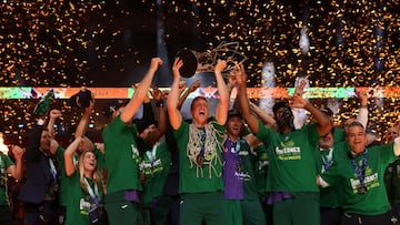 Los jugadores del Unicaja festejan la consecución de la FIBA Champions League.