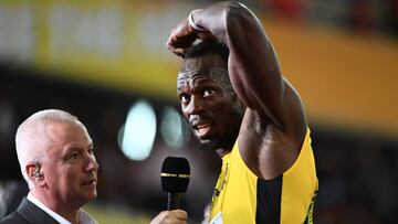Jamaica&#039;s Usain Bolt speaks to the media after the heats of the men&#039;s 100m athletics event at the 2017 IAAF World Championships at the London Stadium in London on August 4, 2017. / AFP PHOTO / Jewel SAMAD