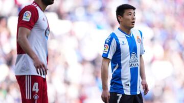 BARCELONA, SPAIN - APRIL 10: Wu Lei of Espanyol during the La Liga Santander match between RCD Espanyol and RC Celta de Vigo at RCDE Stadium on April 10, 2022 in Barcelona, Spain. (Photo by Alex Caparros/Getty Images)
