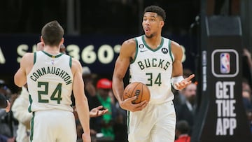 Jan 11, 2023; Atlanta, Georgia, USA; Milwaukee Bucks forward Giannis Antetokounmpo (34) reacts after being called for a foul against the Atlanta Hawks in the second half at State Farm Arena. Mandatory Credit: Brett Davis-USA TODAY Sports