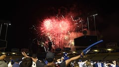 Fans watch fireworks explode over Dodger Stadium