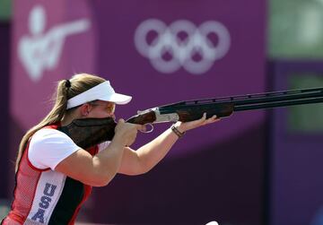 Madelynn Ann Bernau of the US in action during the Trap Mixed Team in the Shooting events of the Tokyo 2020 Olympic Games at the Camp Asaka in Nerima, Tokyo, Japan, 31 July 2021. 