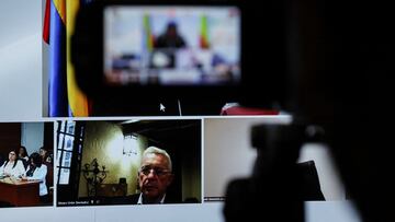 A camera is used at a press room in the judicial complex, after a judge found former Colombian President Alvaro Uribe guilty of abuse of process and bribery of a public official, in Bogota, Colombia July 28, 2025. REUTERS/Luisa Gonzalez TPX IMAGES OF THE DAY