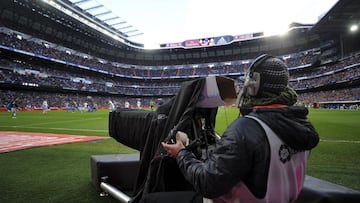 MADRID, SPAIN - FEBRUARY 15:  A Mediapro television cameraman films the La Liga match 