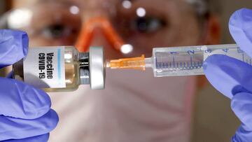 FILE PHOTO: A woman holds a small bottle labeled with a &quot;Vaccine COVID-19&quot; sticker and a medical syringe in this illustration taken April 10, 2020. REUTERS/Dado Ruvic/File Photo