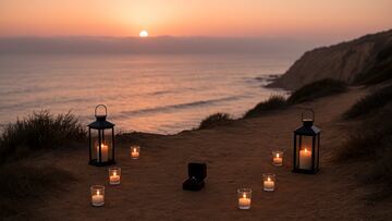 A cliffside scene at dusk, hinting at a proposal setup -
